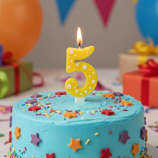 Candela Compleanno con Pois, Paraffina, 12,5 cm, Fiamma Stabile (giallo 5) - 3