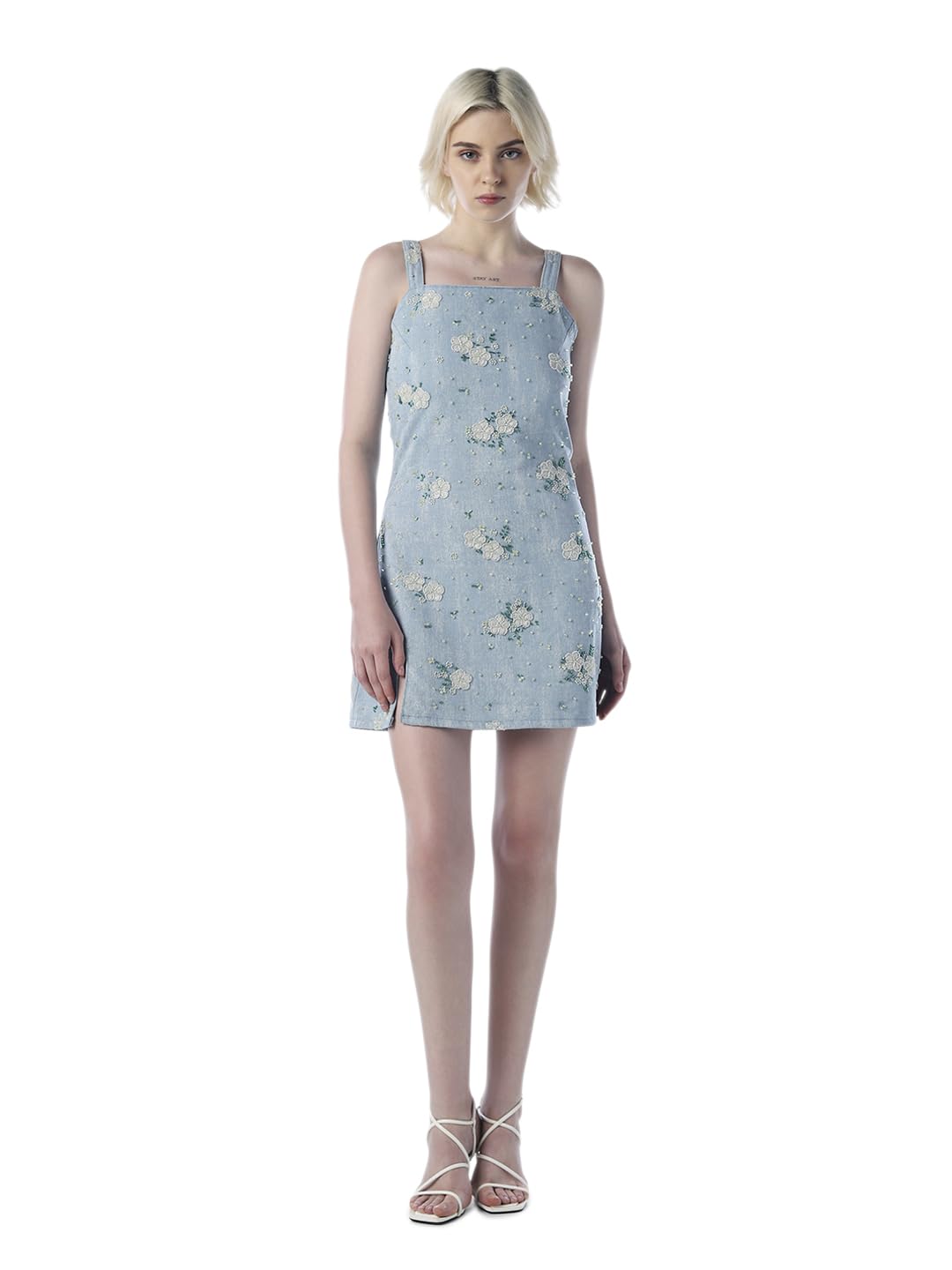ONLY Women Embroidered Embellished Denim Mini Dress in blue