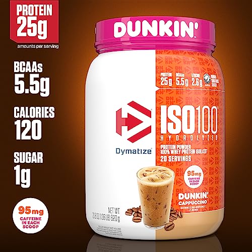 Image of Dymatize x Dunkin' Cappuccino ISO100 Whey Protein Powder, 95mg Caffeine, 25g of Protein5.5g BCAAs, 120 Cal., Gluten Free, 1g Fat, 1g Sugar, 2g Carb (20 Servings)