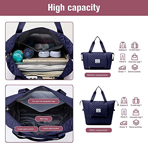Large Capacity Folding Travel Bag, Folding Travel Bags Lightweight Waterproof Suitcase Carry on Luggage Bags, Foldable Overnight Duffel Bag for Weekender Overnight Sports Gym Bag (Dark blue)3