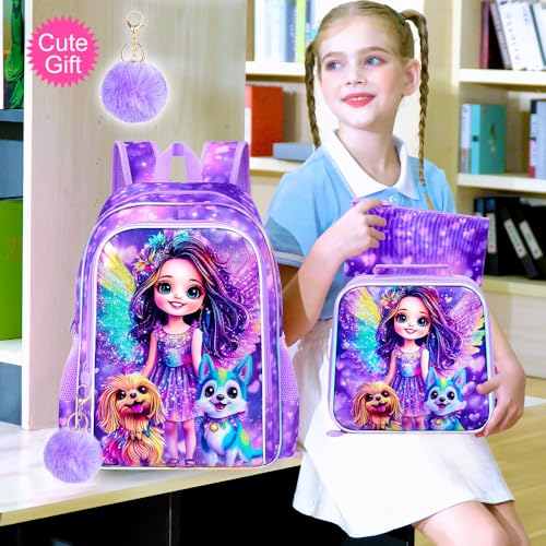 Image of 16 inch Dog Backpack for Girls, Kids Bookbag with Lunch Box, 3Pcs School Backpacks for Elementary Preschool Kindergarten (Purple)