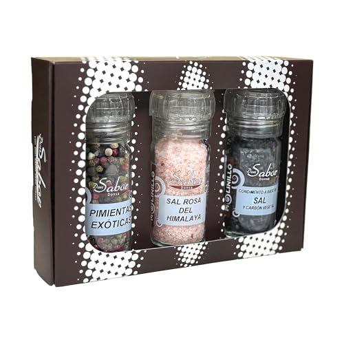Don Sabor Donsa - Pack Molinillos Salpimienta – Sal Rosa del Himalaya, Pimientas Exóticas y Sal con Carbón Vegetal – Estuche Gourmet para Regalo