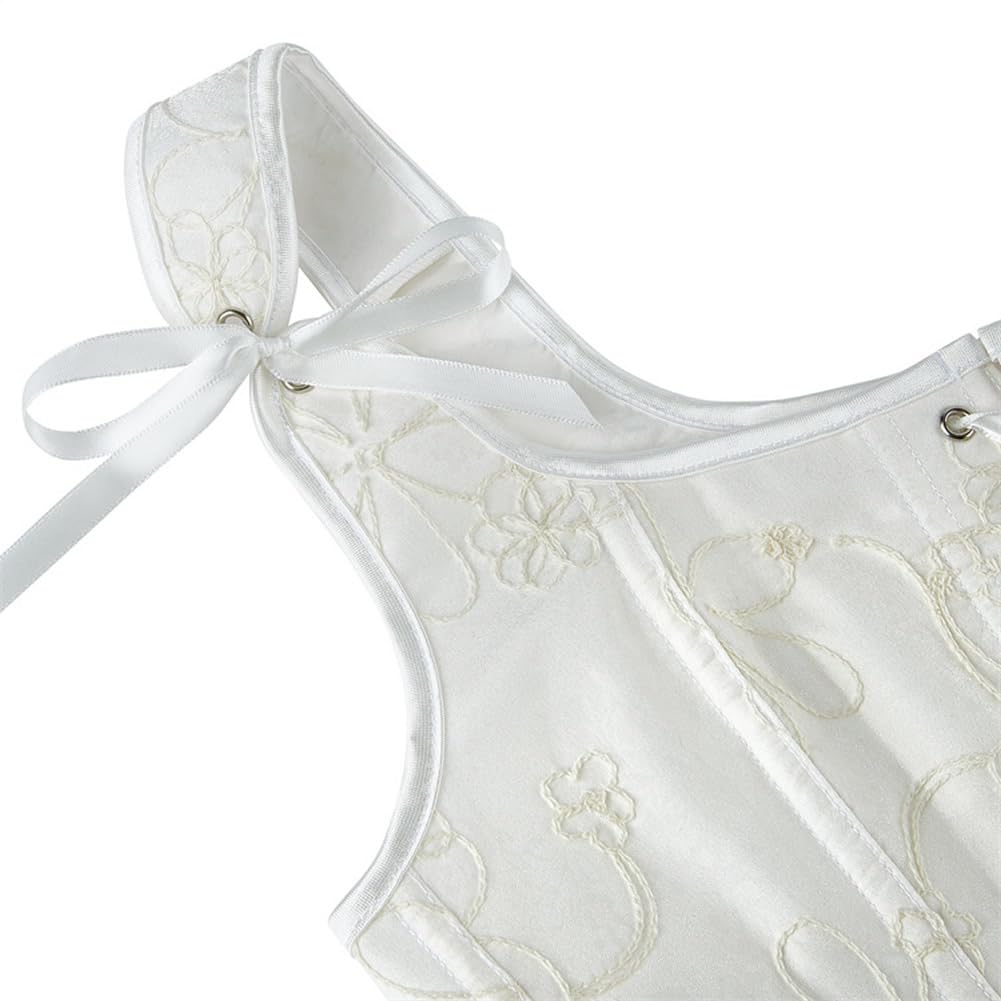 DISSA Corset Bustier à Laçage Frontal et Armature | Motif floral brodé, bretelles larges à nœuds, laçage frontal, armatures verticales, fermeture crochet