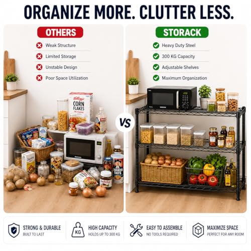 Image of STORACK 3 Tier Heavy Duty Kitchen Storage Rack for Home & Pantry | Ventilated Wire Shelving Unit | Multipurpose Steel Organizer Stand, Laundry & Utility Storage | 60 x 35 x 82 CM | Black Chrome Finish