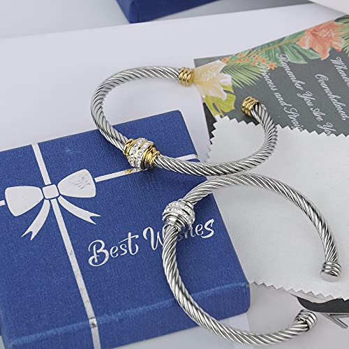 Tiyad Cable Bracelet Stainless Steel Vintage Twisted Wire Composite Open Bangle Bracelet, Adjustable Cuff Bangle Bracelet For Women & Men, Girls, Teens, Mother Day Gifts（Silver (Silver) #TOP6