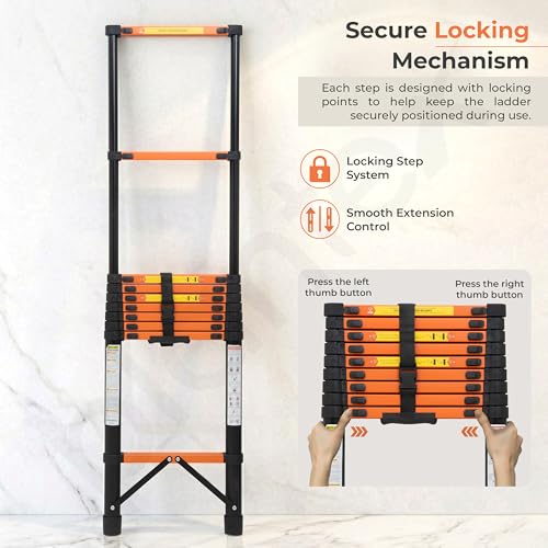 Image of Plantex 3.9m (12.79 ft.) Telescopic Ladder /Carbon Steel 10-Steps Portable & Compact Ladder /Foldable Multipurpose Collapsible Ladder for Home & Outdoor Use - (Orange)