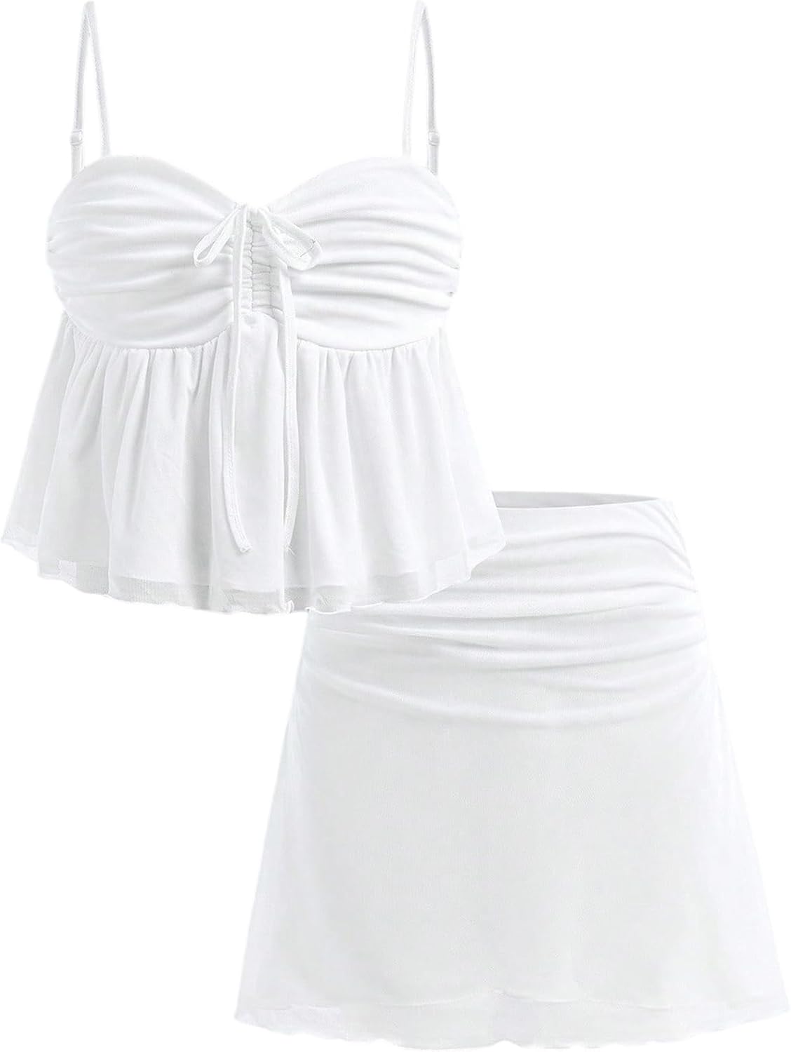 Verdusa Girl's 2 Piece Beach Summer Outfits Bow Tie Ruffle Camisole Tops with Skirt Clothing Set