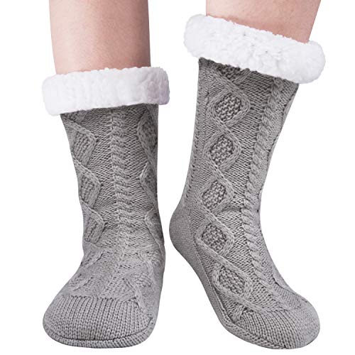 YSense Womens Winter Warm Thick Knit Sherpa Fleece Lined Christmas Cozy Fuzzy Slipper Socks with Grippers (B3-Light Grey)
