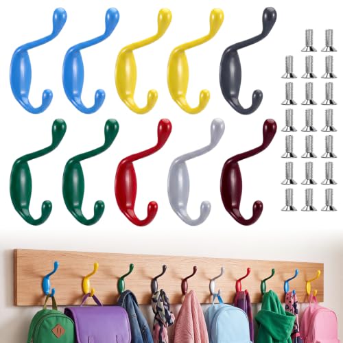 Chumia 10 Pcs Colorful Backpack Hooks, Metal Wall Hooks for Classroom