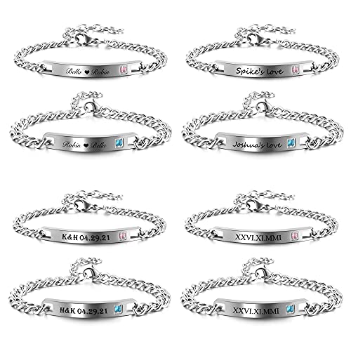 Jovivi Personalized Custom 2Pcs Stainless Steel Cubic Zircon Curb Chain Id Bracelets For Men Women His Hers Engraved Nameplate Id Bar Matching Couples Bracelets For Lover Birthday Gift #TOP2