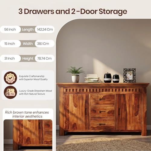 Image of SHIKHA WOOD CRAFT Solid Sheesham Wood Sideboard Cabinet with 2 Doors and 3 Drawers | Wooden Kitchen Cabinet, Crockery Unit, Dining Room Organizer, Living Room Storage Furniture (Kuber Honey Finish)