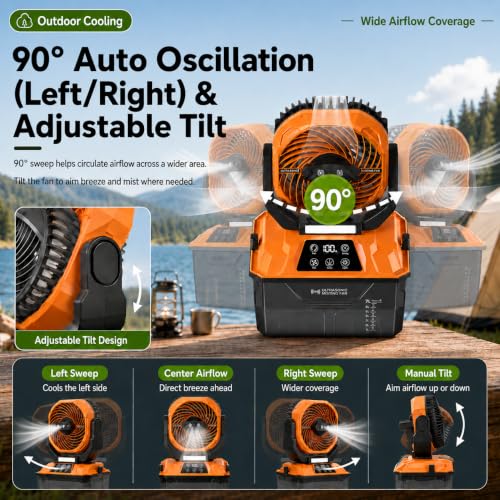 Image of Portable Misting Fan for Patio, Outdoor Cooling Fan, 7L Water Tank, 20000mAh Battery, Remote Control, 1-12H Timer, 90 Oscillation, 5 Speeds & 4 Mist Levels, Camping, Beach, Fishing