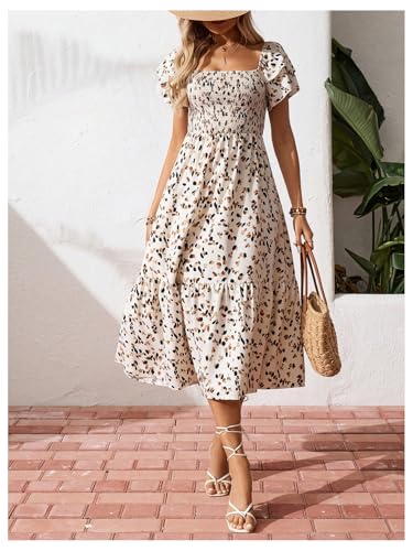 Image of Floerns Women's Boho Midi Dress Layered Sleeve Beach Vacation Tiered Smocked Dresses
