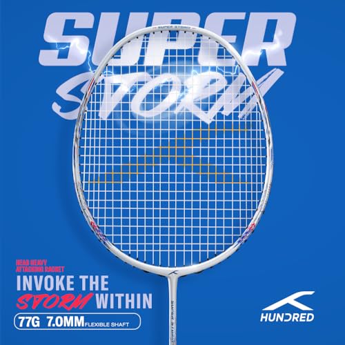 Hundred Super Storm Strung Badminton Racket with Full Cover | 77 Grams | Maximum Tension ≤32 (White) 2 51bFp7cvZIL