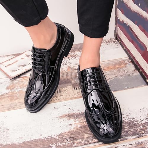 Image of Men's Sparkle Patent Leather Brogue Wingtip Lace Up Dress Oxford Shoes Tuxedo Modern Round Toe Slip On Derby Shoes for Wedding Evening Party