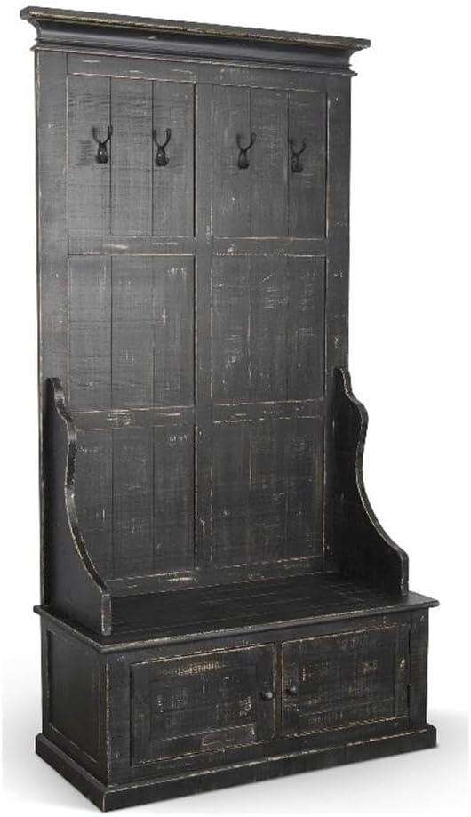 Pemberly Row Modern Hall Tree, Mahogany Wood, Black Sand Finish, Crown Molding Accents, 4 Double Prong Hooks, 2 Storage Cubbies, Rustic Style Entryway Organizer with Seat