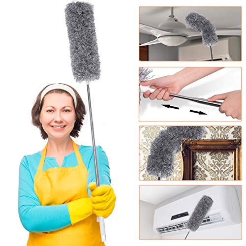 Microfiber Dusters with Stainless Steel Extension Pole (30-100 inches) with Bendable, Extendable, Detachable