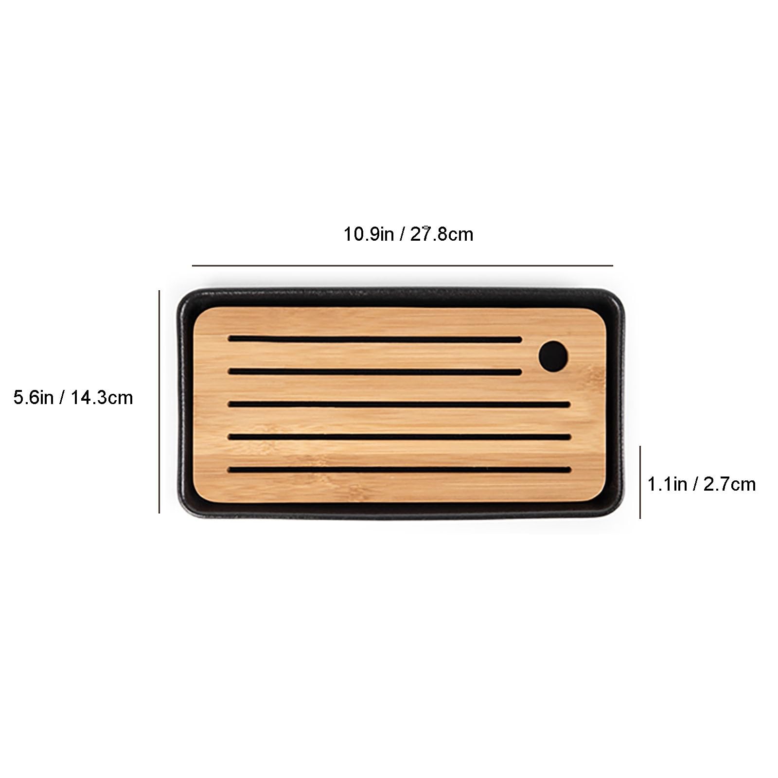 Simple - Bandeja de cerámica para secar platos con panel de bambú antidesbordamiento y diseño antideslizante, bandejas versátiles para plantas de 10.9 x 5.6 pulgadas (27.8 x 14.3 cm)