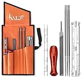 Katzco Chainsaw Sharpener File Kit - Contains 5/32, 3/16, and 7/32 Inch Files, Wood Handle, Depth Gauge, Filing Guide, and Tool Pouch - for Sharpening and Filing Chainsaws and Other Blades