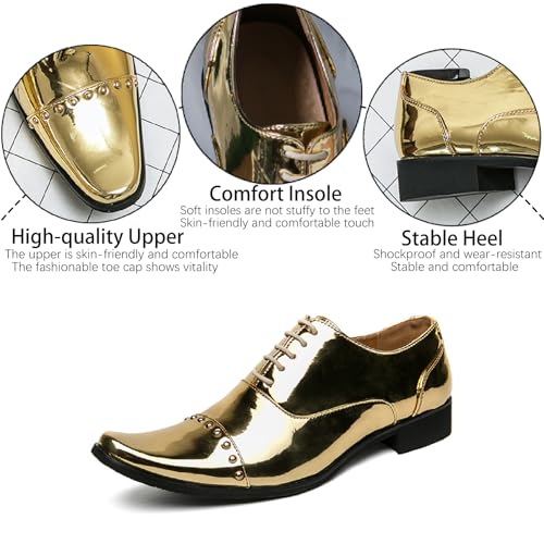 Men's Studded Patent Leather Chelsea Oxfords Fashion Pointed Toe Lace Up Comfortable Block Heel Tuxedo Shoes for Party Business Office Dress Shoes3