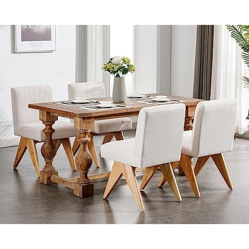 HNY Modern Farmhouse Linen Dining Chairs Set of 2, Beige Fabric Upholstered Dining Room Kitchen Chairs with Black Wood Frame & Curved-Back, Armless Accent Wood Chairs for Dining Living Room