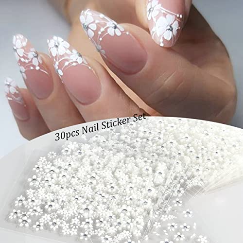 30Sheets Floral Nail Art Stickers Decals 3D Self Adhesive White Flower Designs Nail Supplies White Flower Stickers With Rhinestones Nail Decorations For Women Manicure Charms Transfer Tool Nail Wraps #TOP1