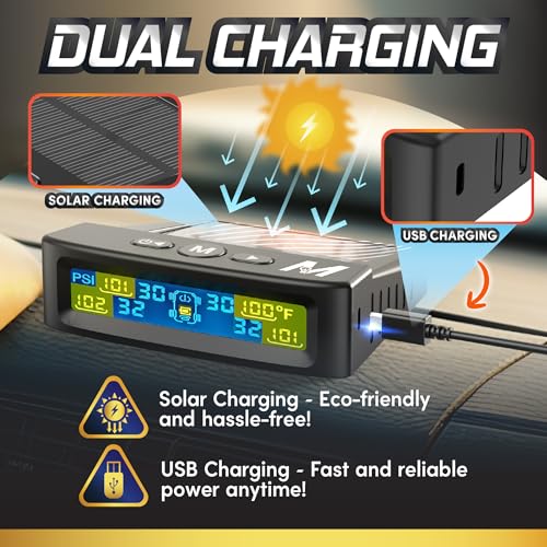 Marcala Tire Pressure Monitoring System - Set of 4 TPMS Sensors for Trailer, RV, Camper, Truck (0-98PSI) | 50ft Extended Range Air Monitor Kit | Solar Charge & 6 Alarm Modes | Be Safe & Prevent Flats - Image 5