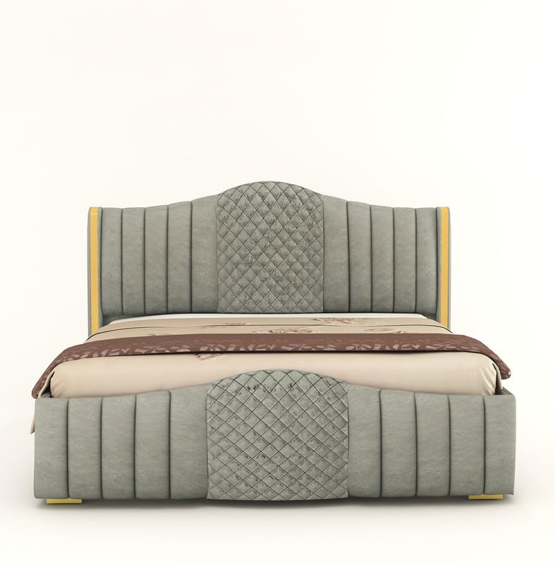 Image of Aesthetic crafts Hydraulic Bed King Size with Storage, Sheesham Wood Upholstered Wooden Double Bed, King Size Bed with Hydraulic Storage, Modern Platform Cot for Bedroom & Hotels, 6.5 x 6 Ft, Grey