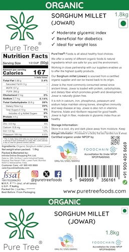 Image of Pure Tree Certified Organic Jowar Millet | 1.8 Kg / 1800 g | Sorghum Jawari Whole Grain | Unpolished Jonnalu | Gluten-Free-Millet
