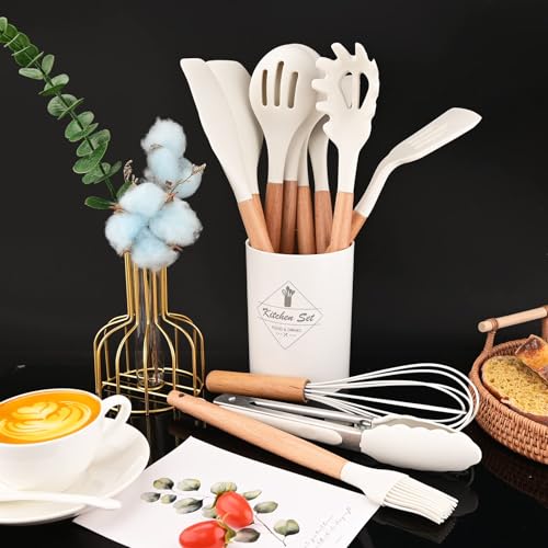 Set di utensili da cucina in silicone antiaderenti, resistenti al calore e lavabili in lavastoviglie, ergonomici e sicuri per alimenti, con pratico porta utensili. - immagine 3