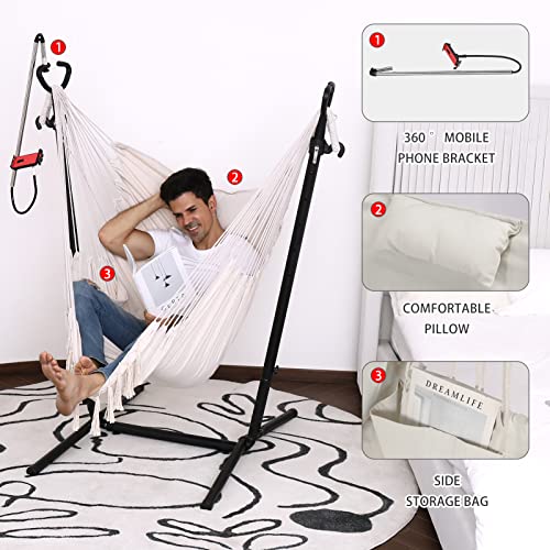 Hammock Chair With Stand And Foot Pad Double Hammock Chair Bohemian Style With Tassel Mobile Phone Support Manually Adjustable Swing Indoor And Outdoor Garden Porch Capacity 400 Pounds #TOP5