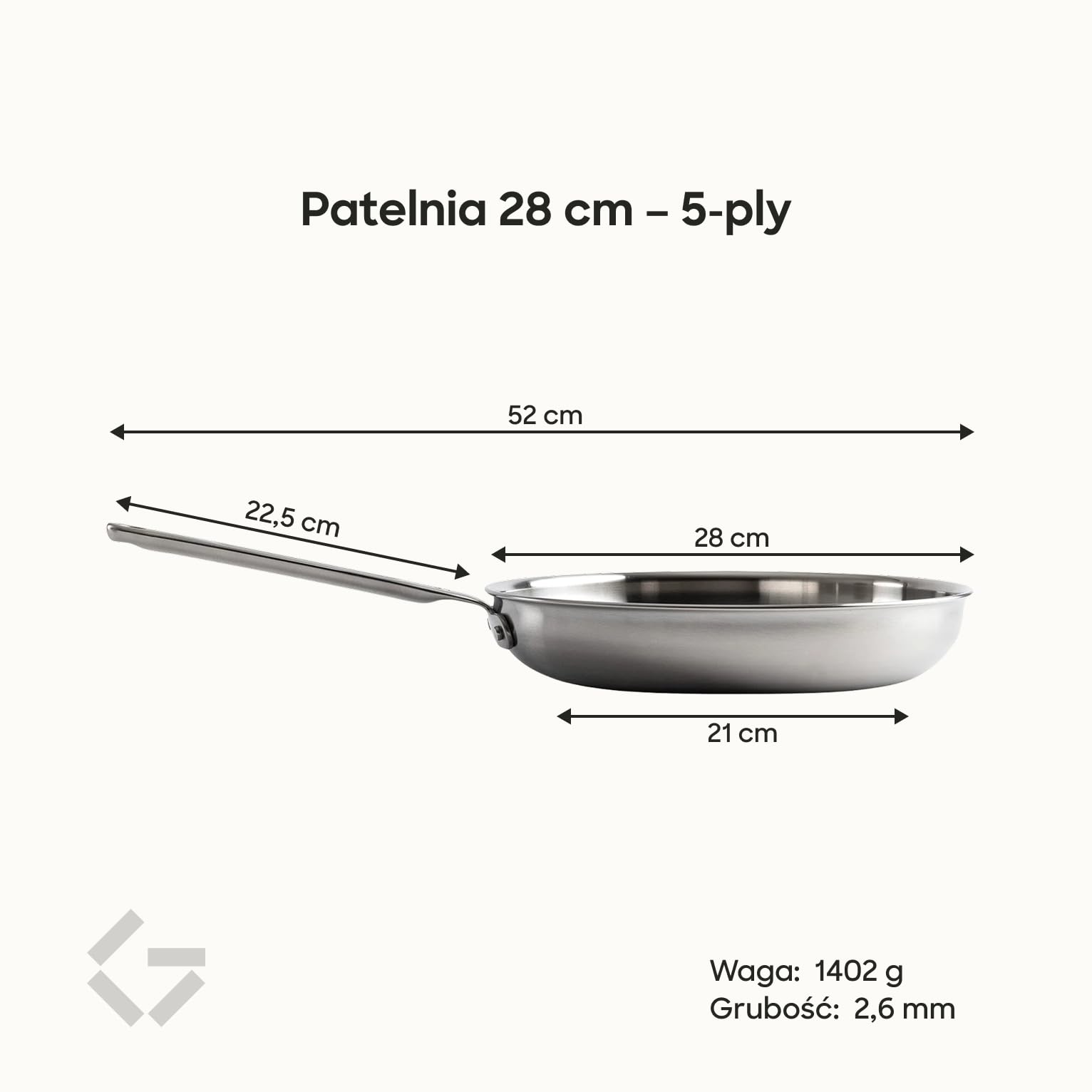 Gastrotools Patelnia 28 cm – 5-warstwowa stal – aluminiowy rdzeń | Doskonałe przewodzenie ciepła • Równomierne smażenie • Do indukcji, gazu i piekarnika • Bez powłoki