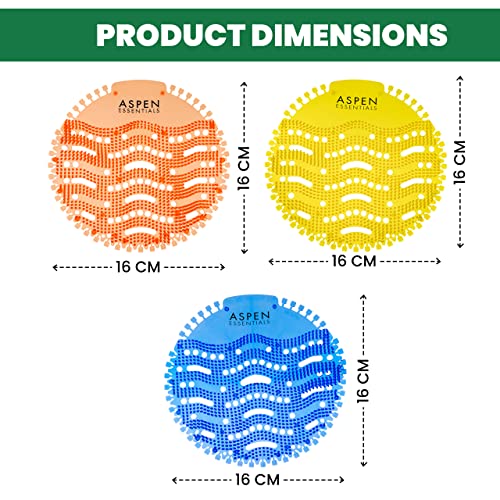 Aspen Essentials Urinal Screens Deodorizer (12 Pack) | Cakes Anti-Splash Odor Protection for Toilets Long-lasting Fragrance Bathroom Office Hotels Restaurants & Airports Free Gloves, Blue,Orange