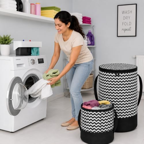 Image of Large Collapsible Laundry Hamper, 45L Capacity, Zip-Top Lid & Carry Handles, Space-Saving Foldable Design, Black