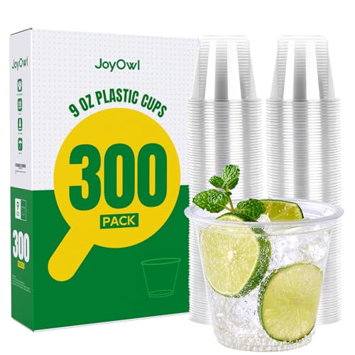 JoyOwl 300 Pack 9 OZ Clear Plastic Cups, Disposable Crystal Punch Cup, PET Plastic Party Cups for Iced Beverages, Juice and Cold Drinks