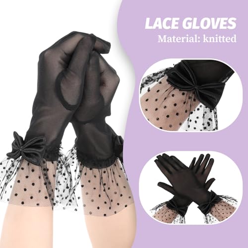 Lace Gloves Women Tea Party, Black Lace Gloves Women Vintage Short Mesh Bow Glove Courtesy Evening Elegant Accessories Glove for Opera Wedding Dinner 1920s Party3