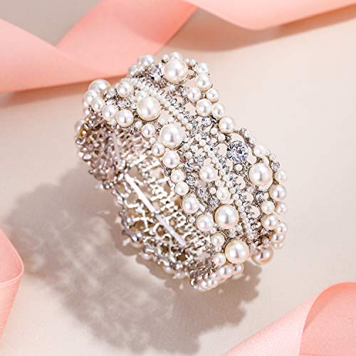 EVER FAITH Austrian Crystal Simulated Pearl Bridal Flower Stretch Bracelet Clear Silver-Tone - Image 6