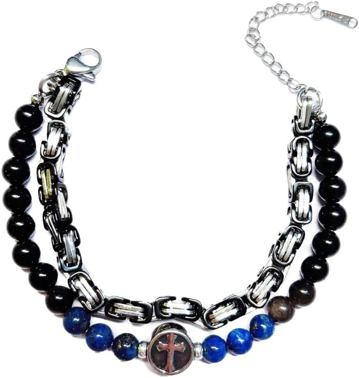2Pcs Men's Bracelet Set - Byzantine Stainless Steel Chain & Natural Stone Cross Bracelet, Tiger Eye Obsidian Triple Protection Jewelry, Religious Easter Birthday Gifts for Him Men