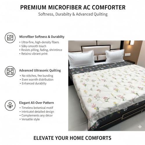 Image of IVAZA Luxury Ultrasonic Punch AC Comforter Blanket - Quilted Microfiber Floral Pattern, Lightweight Breathable All‑Season Blanket for Bedroom, Travel (Singled Bed,228x152 CM) (Cream Black
