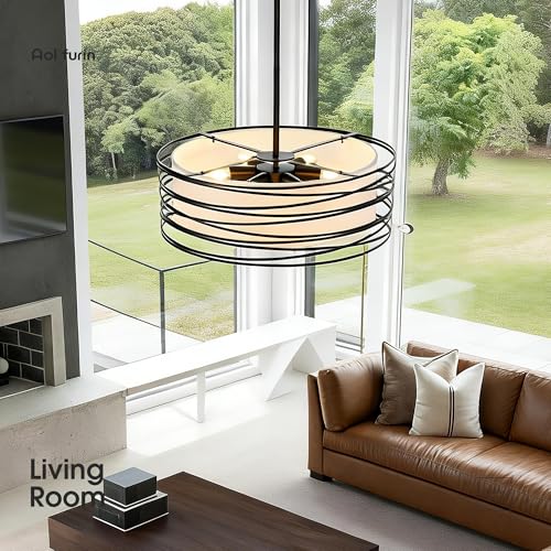 Aol furin 19.7" Drum Chandelier 6-Light Black Pendant Light with White Fabric Shade,Rustic Farmhouse Ceiling Light for Dining Room Kitchen Island Foyer Living Room Bedrooms by Aol furin - Image 8