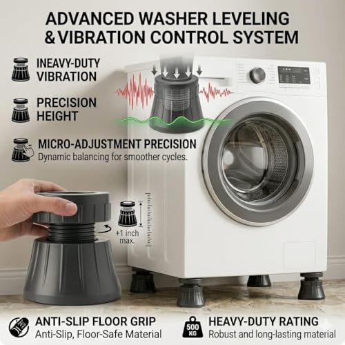 Image of Washing Machine Stand with Anti Vibration Pads, Height Adjustable, Non-Slip Rubber Base, Noise Reduction, Black Grey