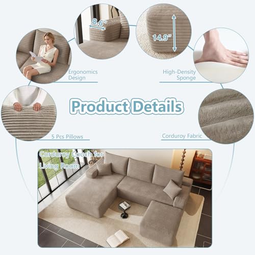 Image of 95 inch Cloud Sectional Couch with Ottoman,Modern U-Shaped Cloud Couch with Deep Seat,Comfy Corduroy Sofa,Memory Foam Sofa for Living Room,No Assembly (Camel,Left-Facing Chaise)