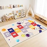 JinKune Area Rug Kids Rug 4'x 6', Hop and Count Hopscotch Rug for Kids, Blue Space Themed Non-Slip Washable Play Carpet, Educational Number Game Mat for Bedroom Playroom Classroom, Indoor Outdoor Use