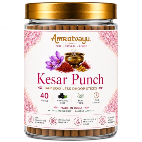 Image of Kesar Punch Dhoop Sticks 4 inch 6mm Bamboo Less Incense Incense for Pooja 40 Sticks | No Charcoal Sticks with Holder Stand | Fragrance for Home, Mediation Relaxation