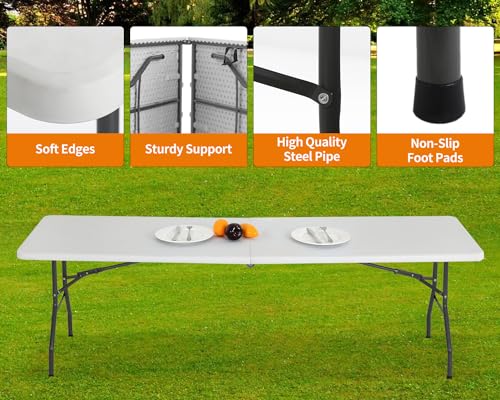 Image of BestOffice 8 FT Picnic Table Plastic Camping Table Portable Square Height Folding Table Perfect for Picnics, Parties, Party and Camping, White