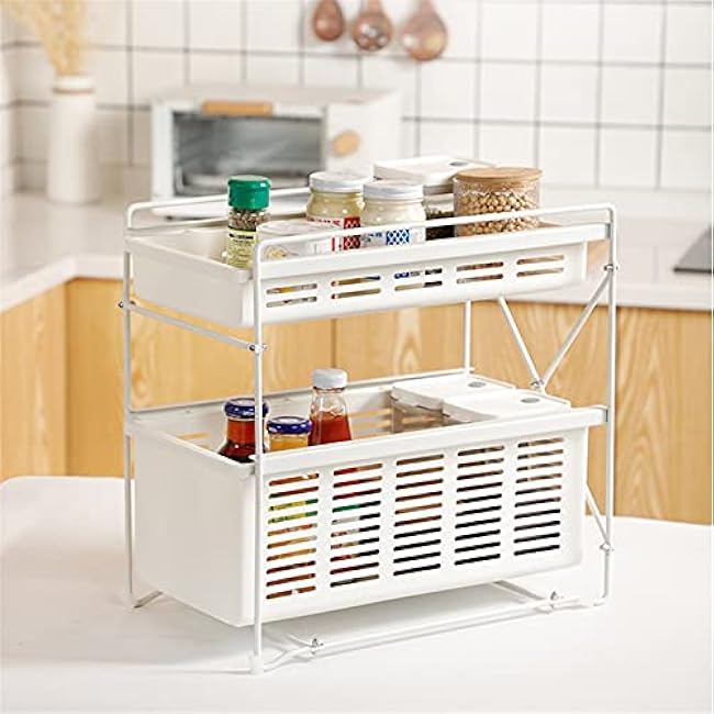 Shelf Under The Sink Drawer Stackable 2-Tier Under Sink Cabinet Organizer Sliding for Kitchen Bathroom Countertop Storage Basket (White) Extendable Storage Shelf Under The Sink (White 39x41x24cm)