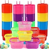 FillTouch 100 Pcs Easter Baskets Bulk Colorful Plastic Egg Baskets with Handle 6.7' x 5.11' x 3.5' Easter Buckets for Party Favors Egg Hunts Supplies Decorations, 7 Colors