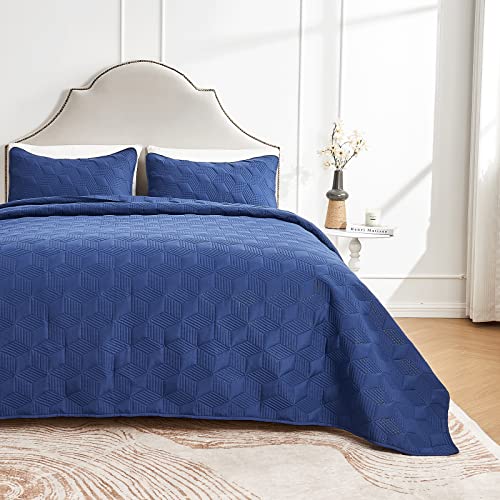 Beeweed Quilt Set Twin Size 2 Pieces, Lightweight Microfiber Diamond Pattern Bedspreads For All Season, Navy Blue Soft Summer Coverlet Set With Ultrasonic Quilting Technology (1 Quilt, 1 Pillow Shams) #TOP11
