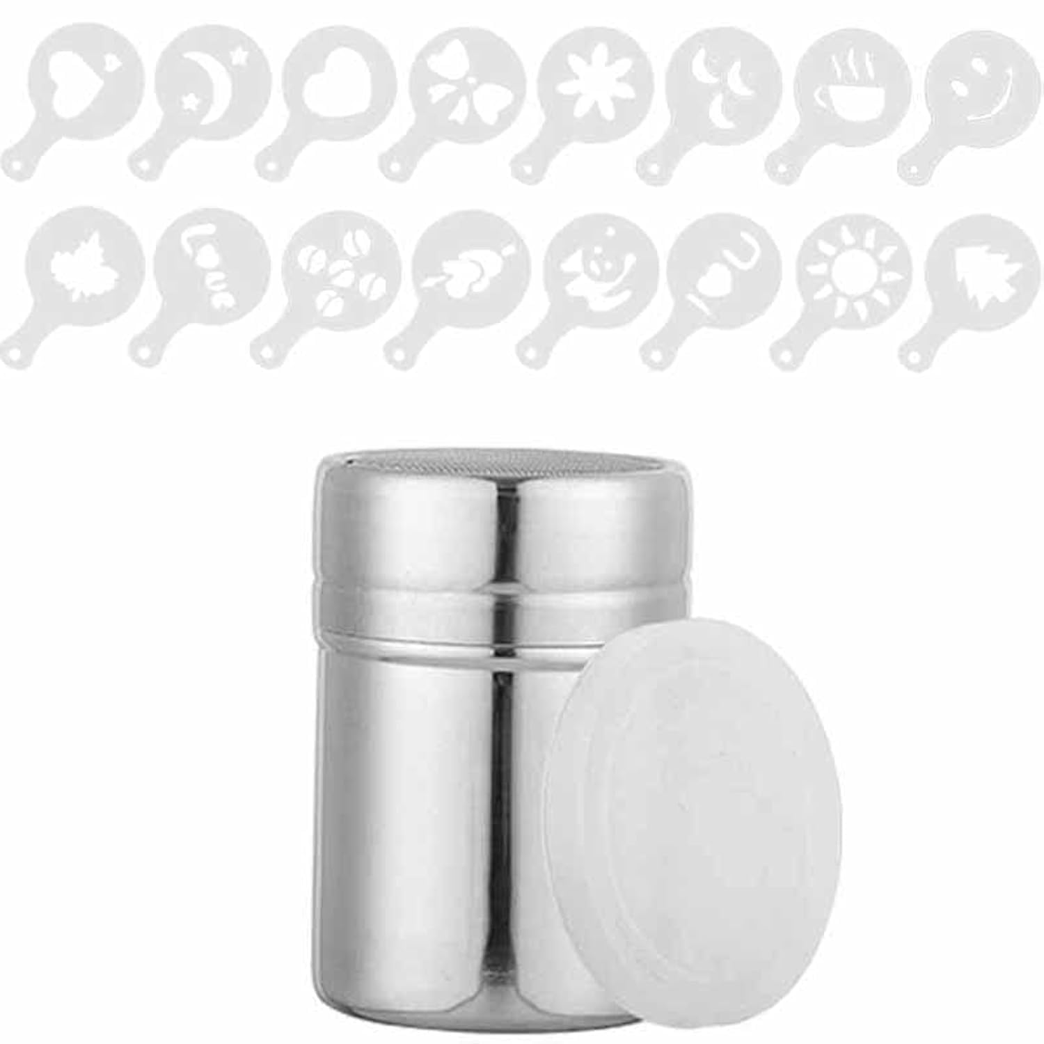 Shaker per cioccolatini in acciaio inox + 16 stencil per cappuccino