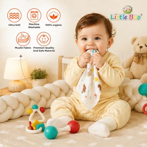Image of Little Boo Muslin Face Hankies /Towels for Newborn Baby Extra Soft Reusable Napkins for Infants Toddlers /Kids (Pack of 5) White Printed.